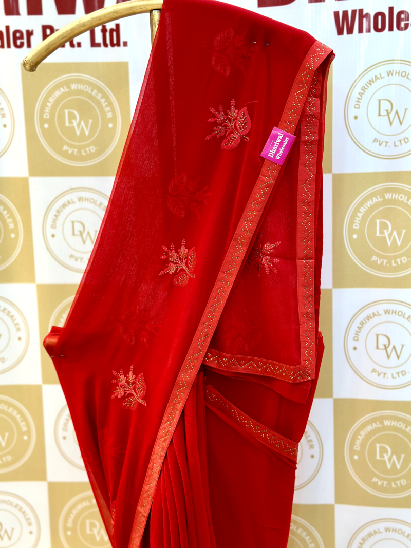 Red Light Weight Chiffon Saree Saree Fabric : Chiffon