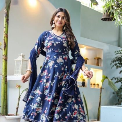 Blue Floral Anarkali Kurta Set