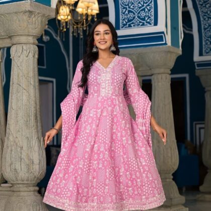 Pink cotton Anarkali Kurta set with Dupatta