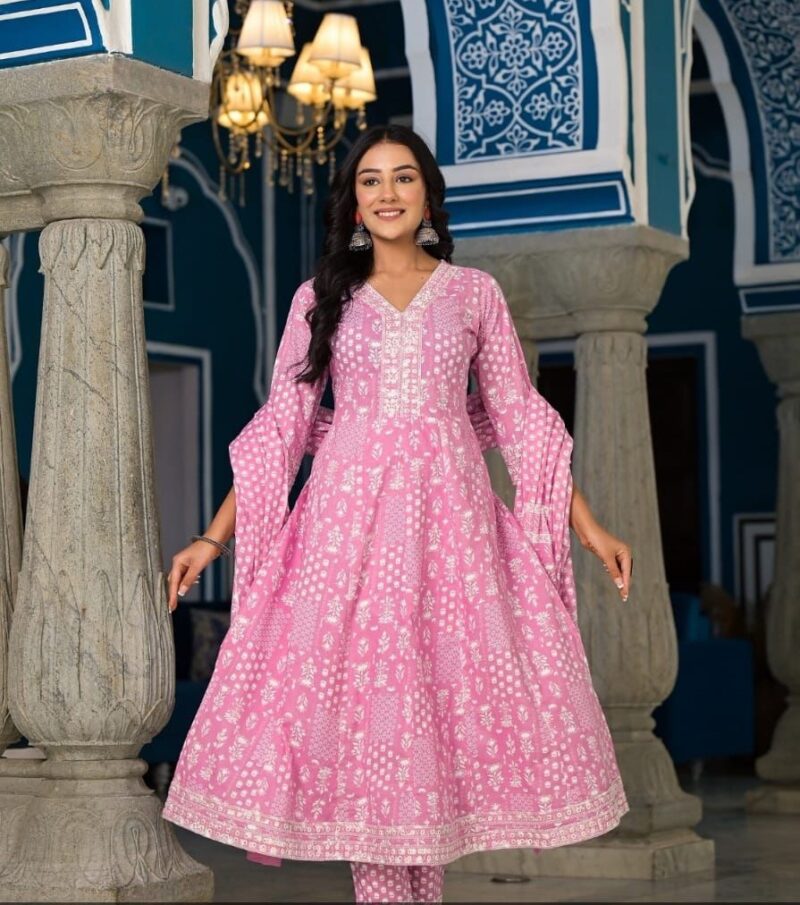 Pink cotton Anarkali Kurta set with Dupatta