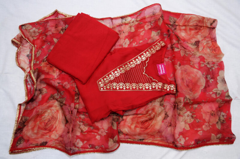 Beautiful V-Neck Floral Print Muslin Embroidered Full Suit Set With Organza Dupatta