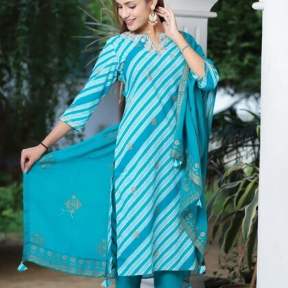 Blue Cotton Printed Straight Kurta with Pants and Dupatta