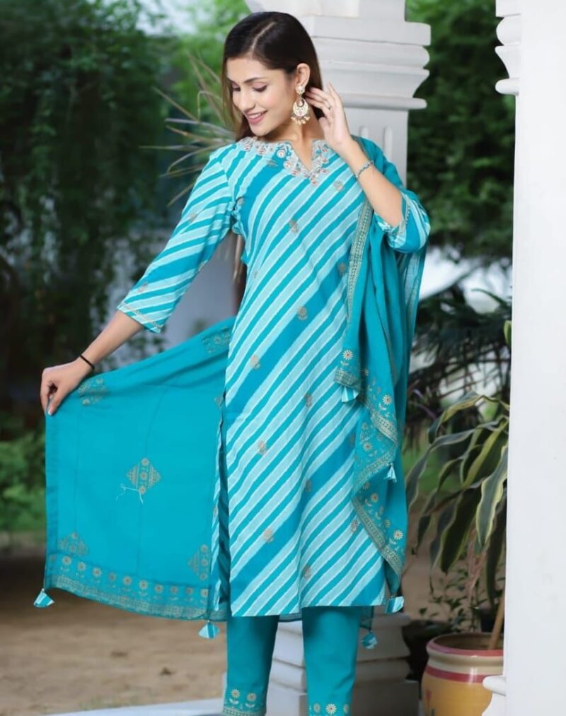 Blue Cotton Printed Straight Kurta with Pants and Dupatta