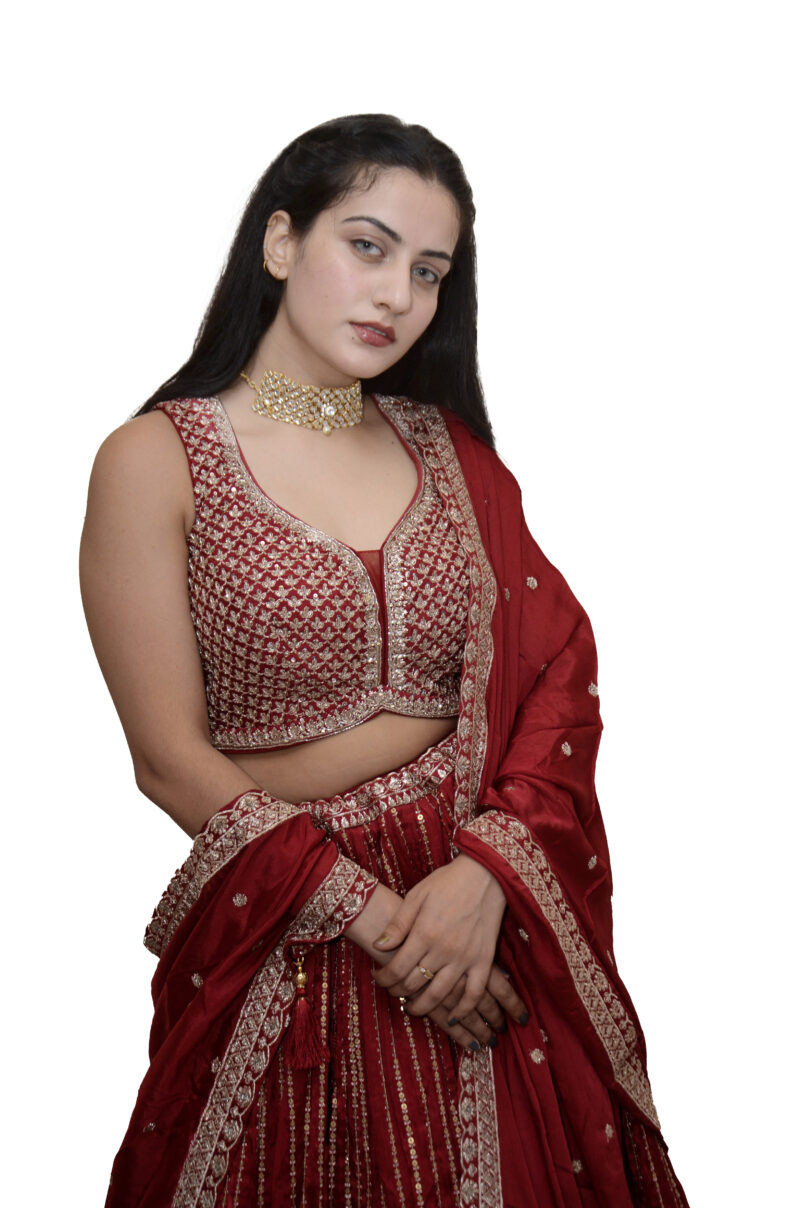 Mahroon Women Silk Embroidery Blouse and Lehenge Set for Women