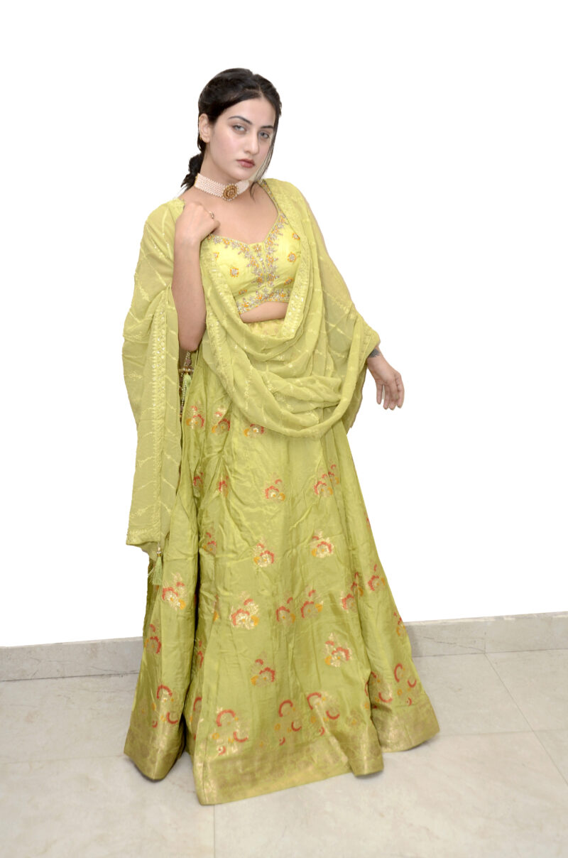 Green dola silk unstitched lehenga choli