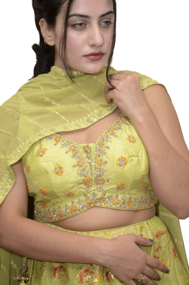 Green dola silk unstitched lehenga choli