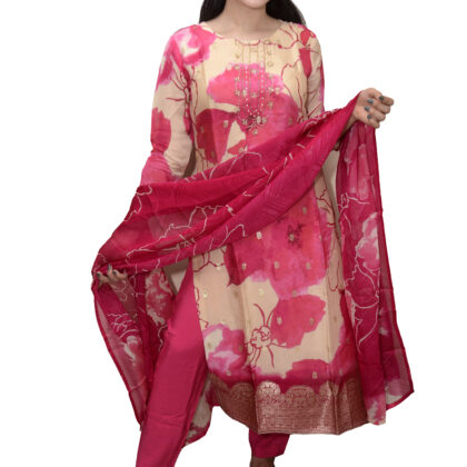 Pink Foral Crepe Kurta Set and Pant with Dupatta