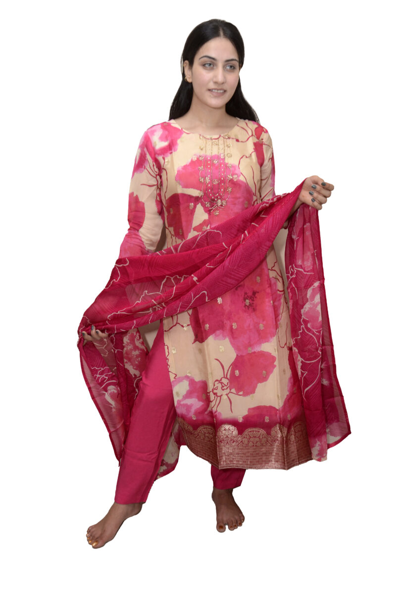 Pink Foral Crepe Kurta Set and Pant with Dupatta