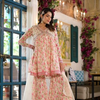 Pink Cotton Anarkali Sharara set with Dupatta