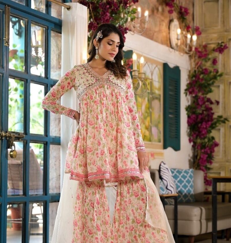 Pink Cotton Anarkali Sharara set with Dupatta