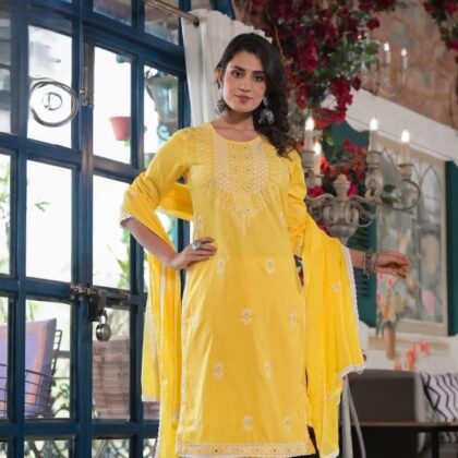 Yellow Cotton Kurta set For Women