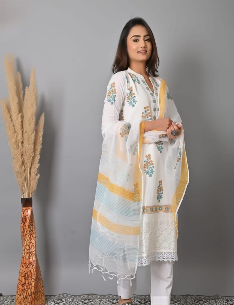 White Cotton Kurta set For Women 