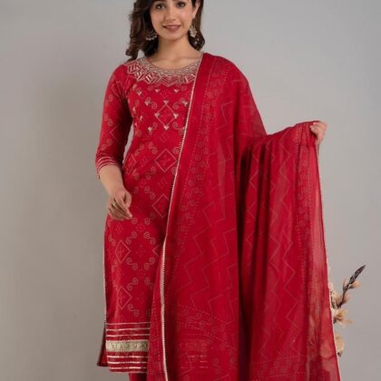 Red Cotton Kurta set For Women