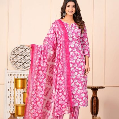 Pink Floral Cotton Kurta Set for Women