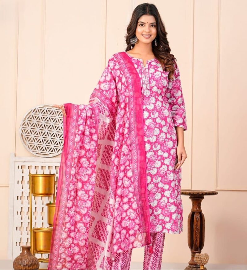 Pink Floral Cotton Kurta Set for Women