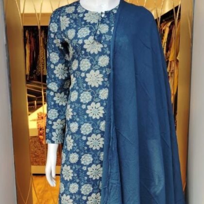 blue Floral Cotton Kurta Set for Wome